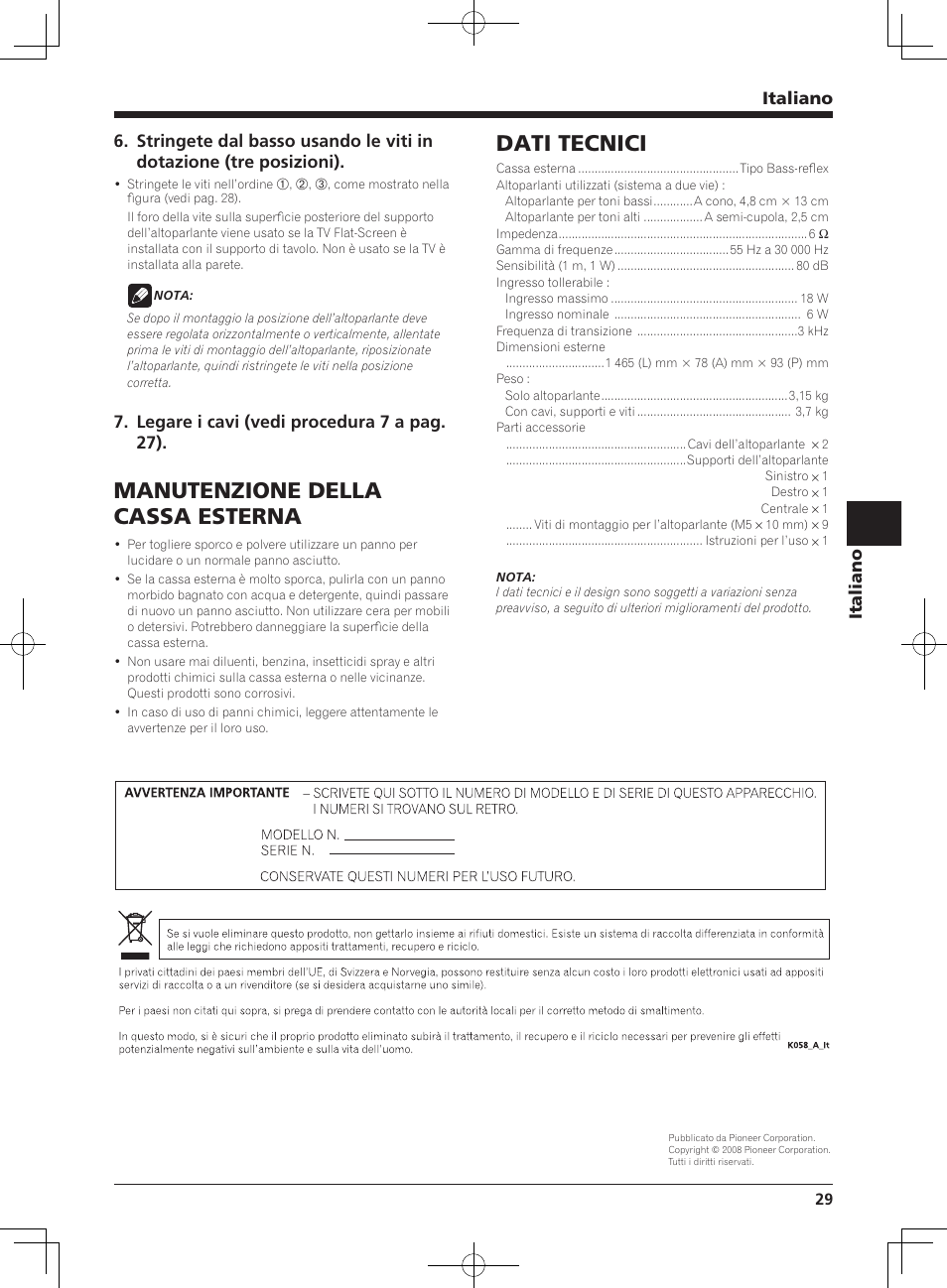 Manutenzione della cassa esterna, Dati tecnici, Italiano | Legare i cavi (vedi procedura 7 a pag. 27) | Pioneer KURO PDP-S65 User Manual | Page 29 / 58