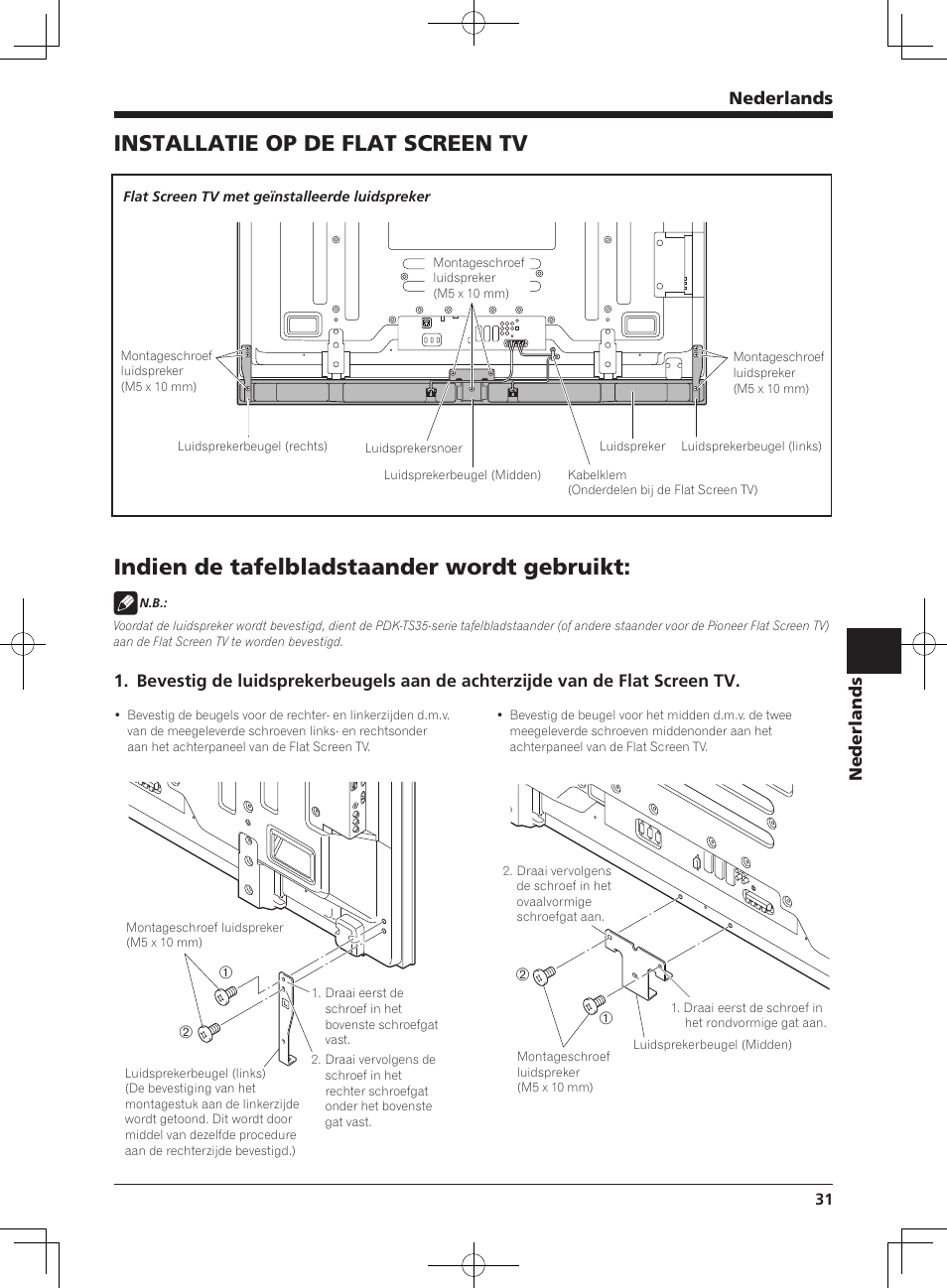 Installatie op de flat screen tv, Indien de tafelbladstaander wordt gebruikt, Nederlands | Pioneer KURO PDP-S65 User Manual | Page 31 / 58