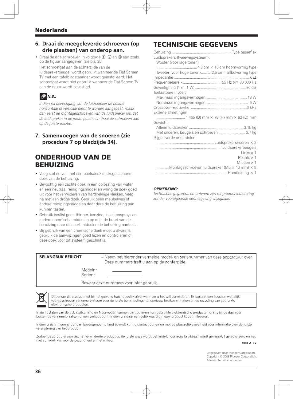 Onderhoud van de behuizing, Technische gegevens, Nederlands | Pioneer KURO PDP-S65 User Manual | Page 36 / 58