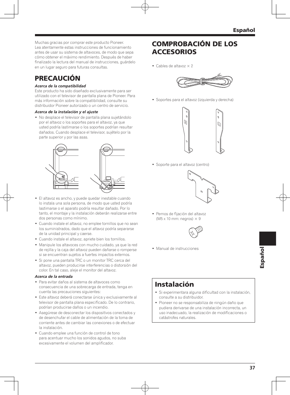 Precaución, Comprobación de los accesorios, Instalación | Español | Pioneer KURO PDP-S65 User Manual | Page 37 / 58