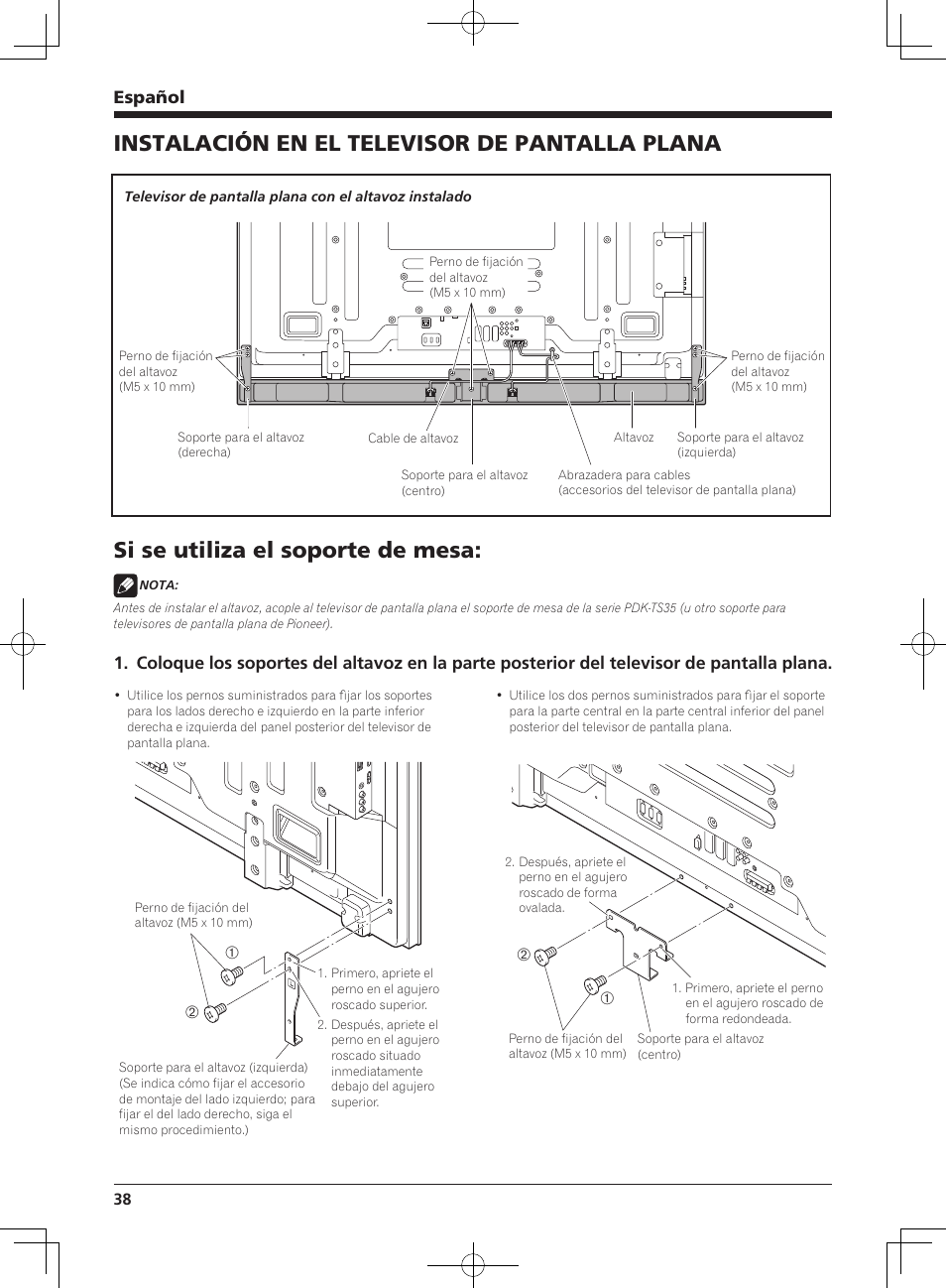 Instalación en el televisor de pantalla plana, Si se utiliza el soporte de mesa, Español | Pioneer KURO PDP-S65 User Manual | Page 38 / 58