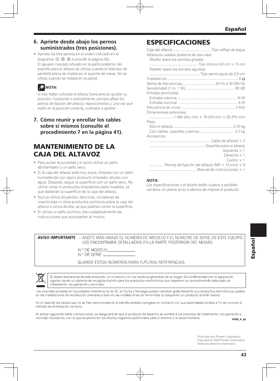 Mantenimiento de la caja del altavoz, Especificaciones, Español | Pioneer KURO PDP-S65 User Manual | Page 43 / 58