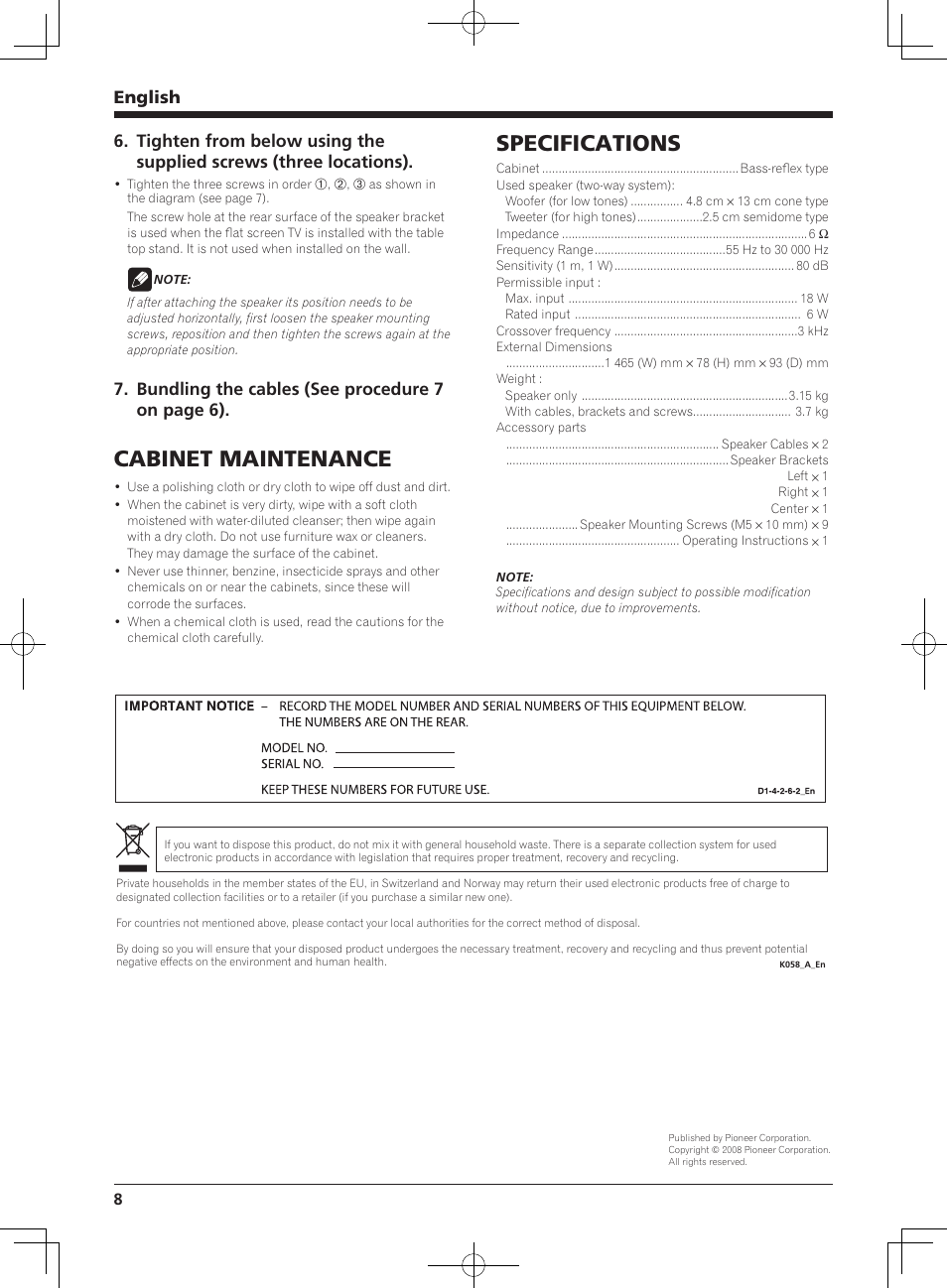 Cabinet maintenance, Specifications, English | Bundling the cables (see procedure 7 on page 6) | Pioneer KURO PDP-S65 User Manual | Page 8 / 58