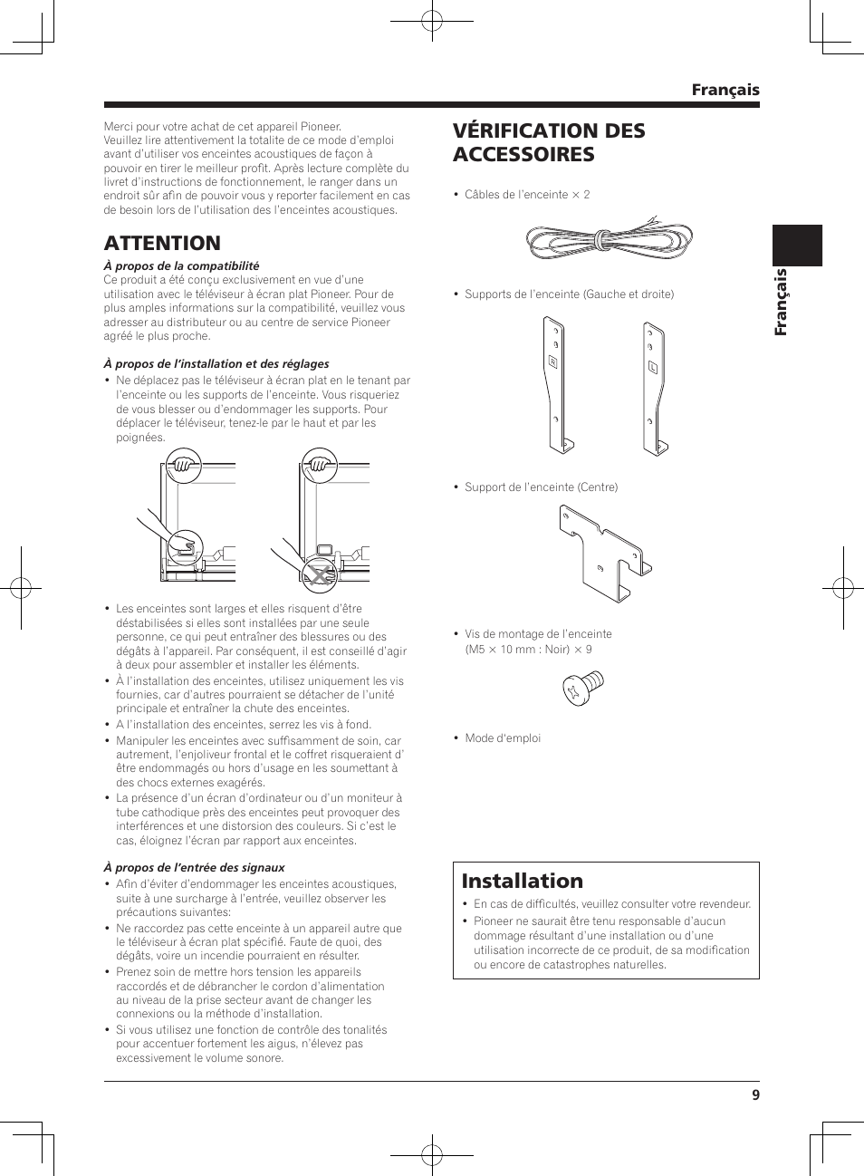 Attention, Vérification des accessoires, Installation | Français | Pioneer KURO PDP-S65 User Manual | Page 9 / 58