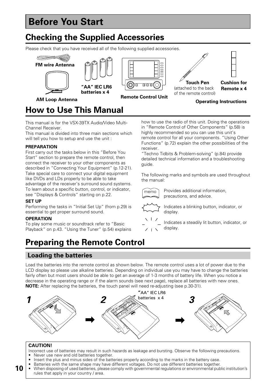 Before you start, Checking the supplied accessories, Loading the batteries | Pioneer VSX-39TX User Manual | Page 10 / 92