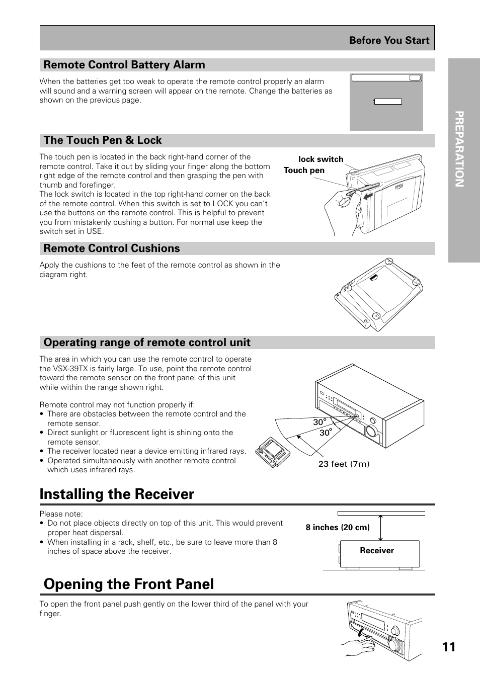 Installing the receiver, Opening the front panel, Prep ara tion prep ara tion | Remote control cushions, Operating range of remote control unit, Remote control battery alarm, The touch pen & lock | Pioneer VSX-39TX User Manual | Page 11 / 92