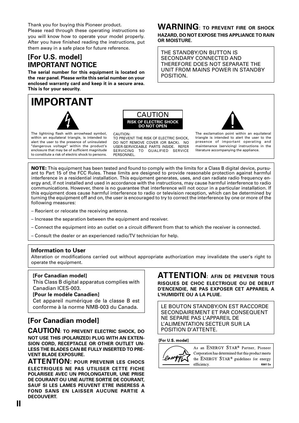 Important, Warning, For u.s. model] important notice | Caution, For canadian model] caution, Attention | Pioneer VSX-39TX User Manual | Page 2 / 92