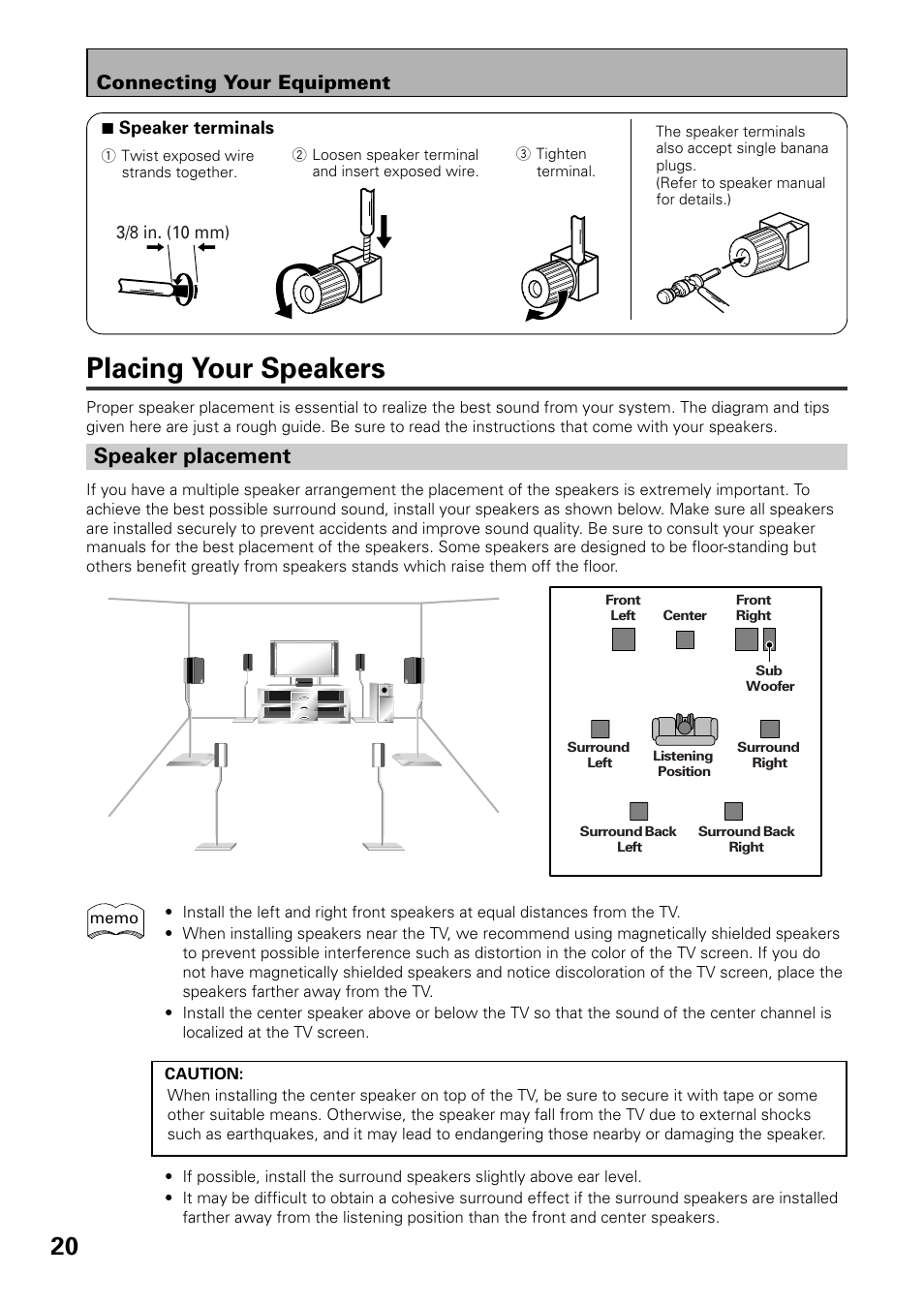 Placing your speakers speaker placement, Placing your speakers, Speaker placement | Connecting your equipment | Pioneer VSX-39TX User Manual | Page 20 / 92