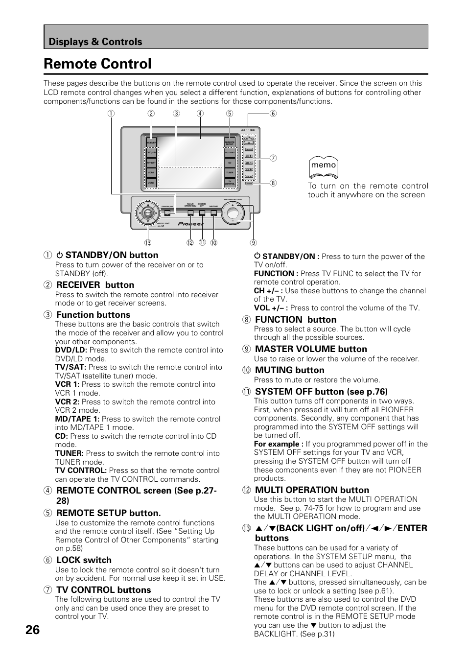 Remote control, Displays & controls, 1standby/on button | 2 receiver button, 3 function buttons, 6 lock switch, 7 tv control buttons, 8 function button, 9 master volume button, 0 muting button | Pioneer VSX-39TX User Manual | Page 26 / 92