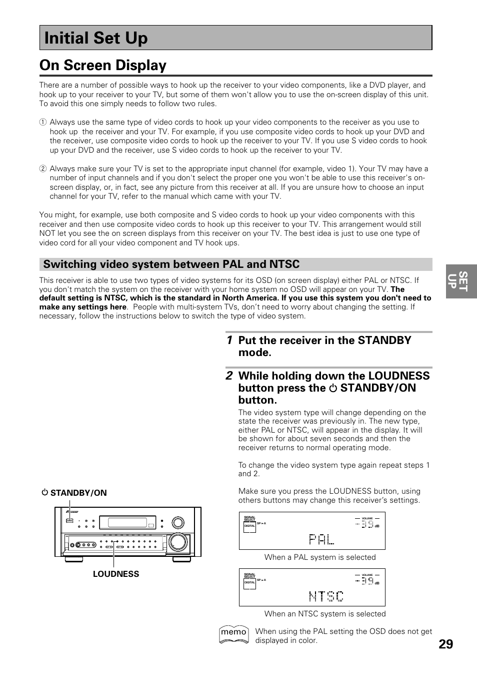 Initial set up, On screen display, Pal and ntsc | Set up, Switching video system between pal and ntsc, Put the receiver in the standby mode | Pioneer VSX-39TX User Manual | Page 29 / 92