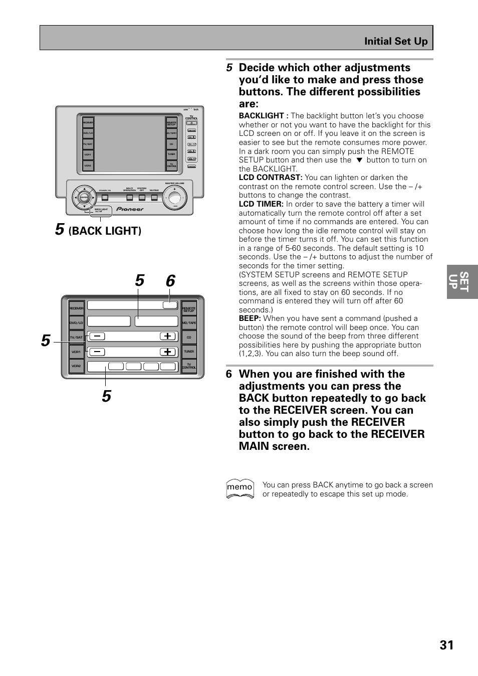 Back light), Initial set up | Pioneer VSX-39TX User Manual | Page 31 / 92