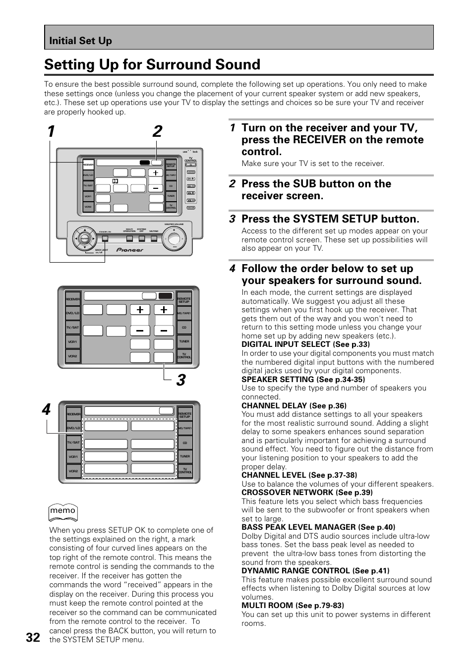 Setting up for surround sound, Initial set up, Make sure your tv is set to the receiver | System setup, Receiver | Pioneer VSX-39TX User Manual | Page 32 / 92