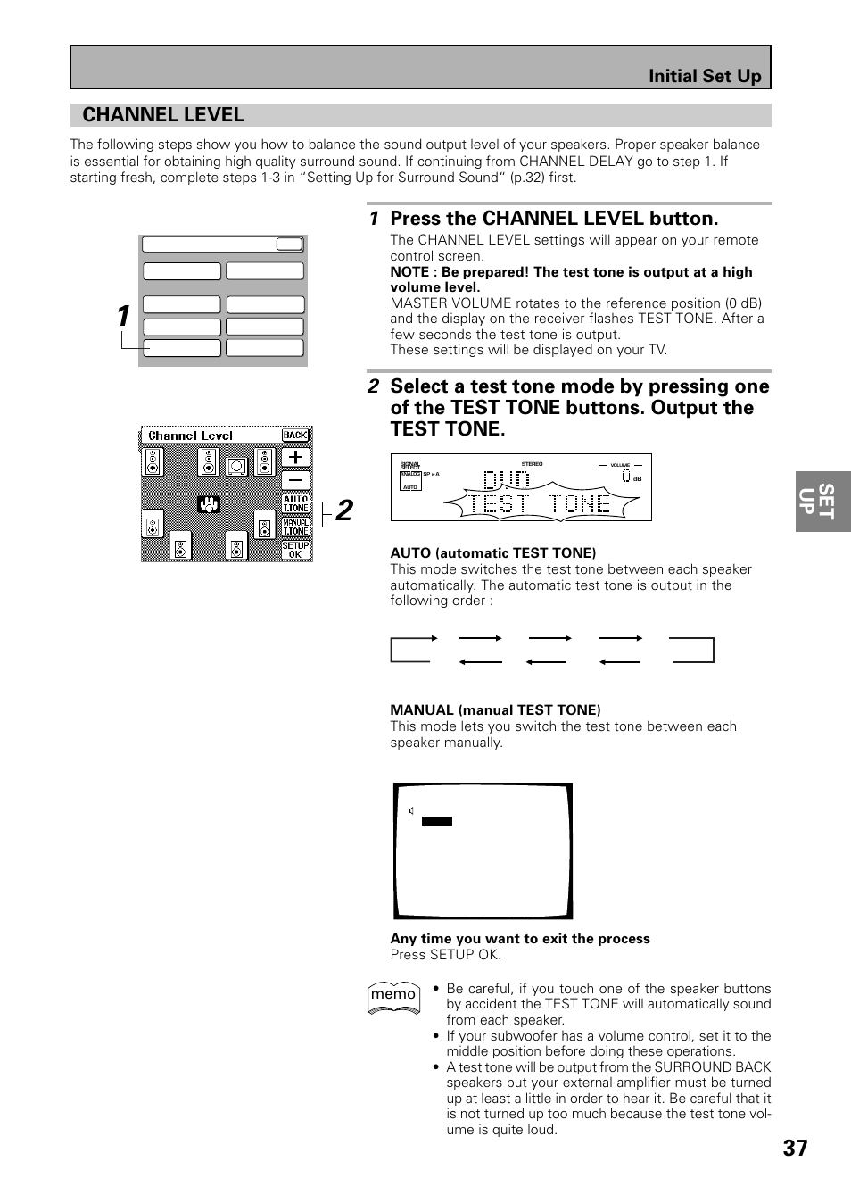 Channel level, Set up, 1 press the channel level button | Initial set up | Pioneer VSX-39TX User Manual | Page 37 / 92