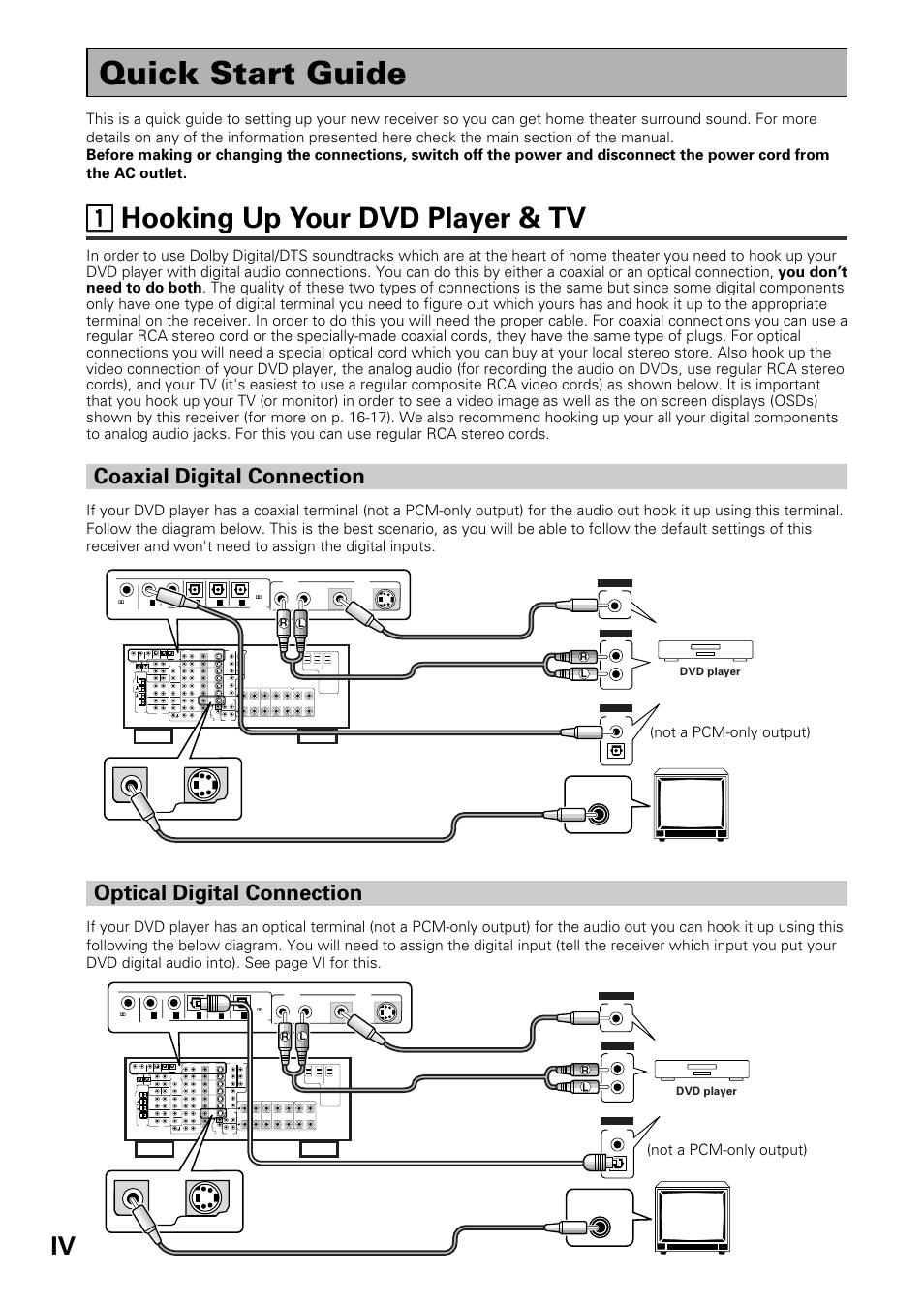 Quick start guide, 11 hooking up your dvd player & tv, Coaxial digital connection | Optical digital connection, Not a pcm-only output) | Pioneer VSX-39TX User Manual | Page 4 / 92
