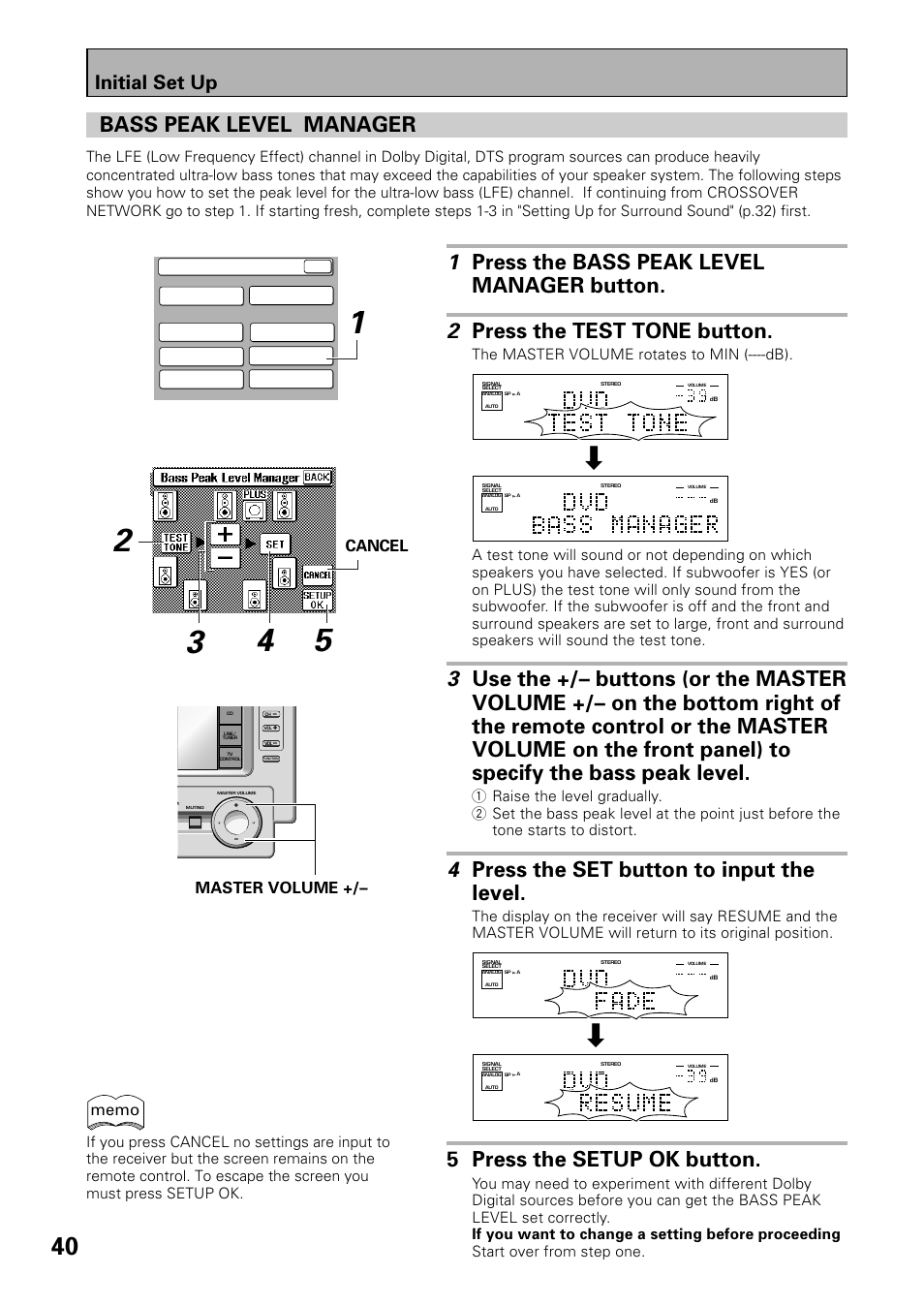Bass peak level manager, 4 press the set button to input the level, 5 press the setup ok button | Initial set up, Master volume +/– cancel, The master volume rotates to min (----db) | Pioneer VSX-39TX User Manual | Page 40 / 92