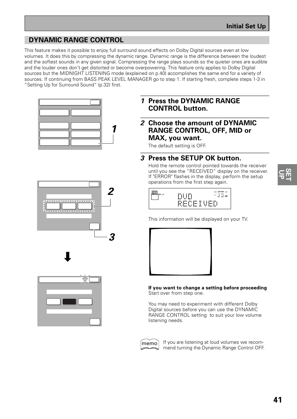 Dynamic range control, Set up dynamic range control, 3 press the setup ok button | Initial set up | Pioneer VSX-39TX User Manual | Page 41 / 92