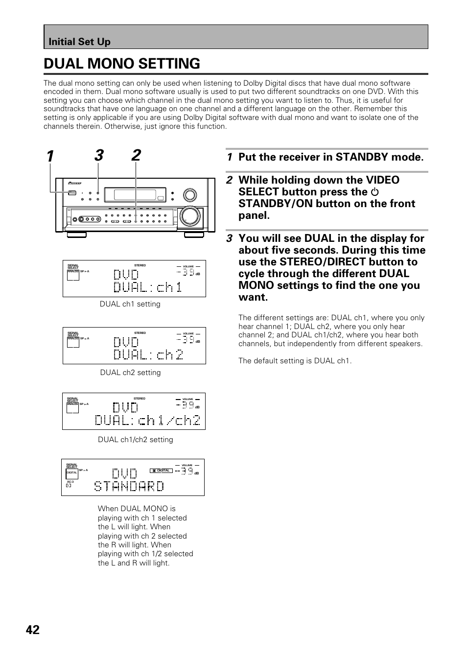 Dual mono setting, Initial set up | Pioneer VSX-39TX User Manual | Page 42 / 92