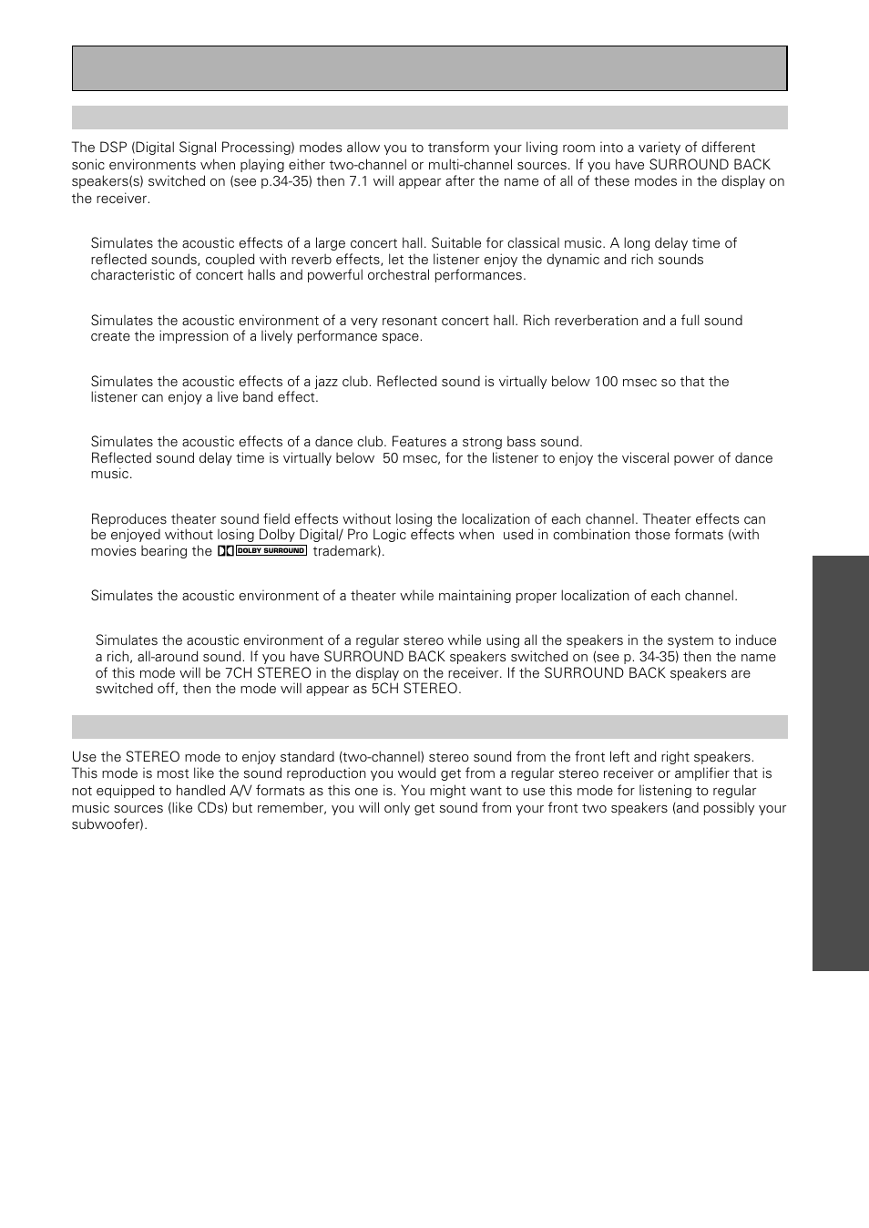Dsp mode stereo modes, Opera tion, Dsp modes | Stereo mode | Pioneer VSX-39TX User Manual | Page 45 / 92