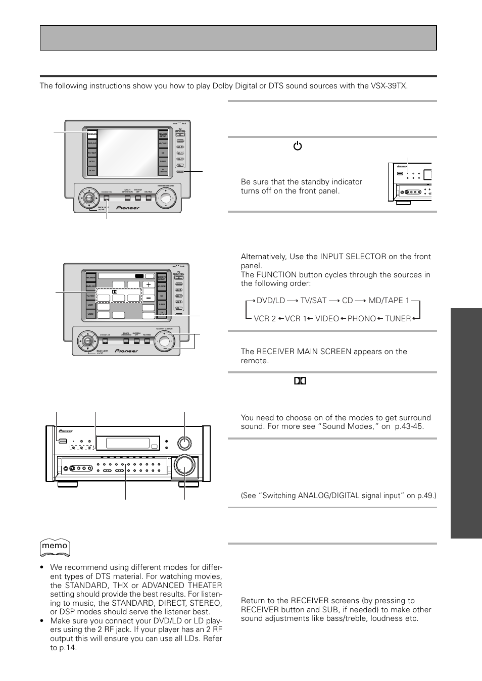Playing sources with dolby digital or dts sound, Opera tion, 4 press the receiver | Basic playback, Signal select), The receiver main screen appears on the remote, Standby indicator | Pioneer VSX-39TX User Manual | Page 47 / 92