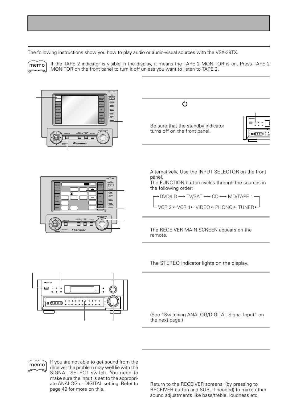 Playing sources with stereo sound, 4 press the receiver, Basic playback | The stereo indicator lights on the display, Signal select), The receiver main screen appears on the remote, Standby indicator | Pioneer VSX-39TX User Manual | Page 48 / 92