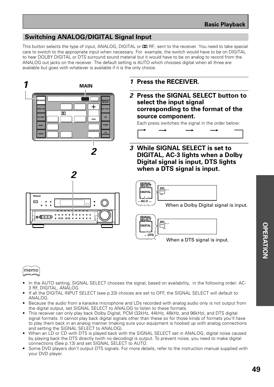 Switching analog/digital signal input, Opera tion switching analog/digital signal input, Basic playback | When a dts signal is input, When a dolby digital signal is input. main | Pioneer VSX-39TX User Manual | Page 49 / 92