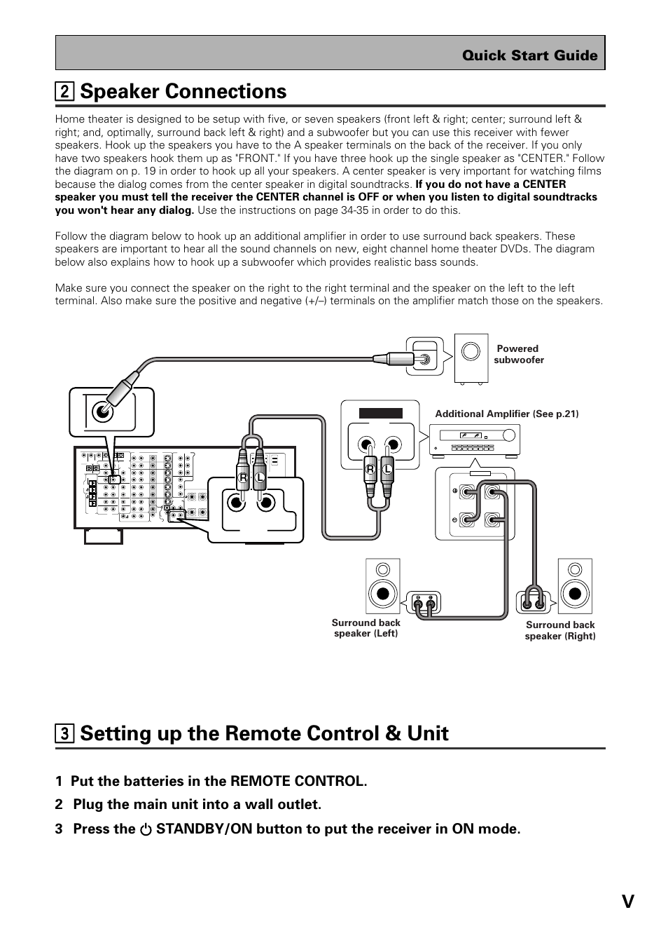 22 speaker connections, 33 setting up the remote control & unit, Quick start guide | Pioneer VSX-39TX User Manual | Page 5 / 92