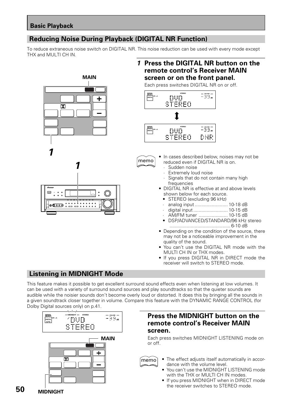 Digital nr function) listening in midnight mode, Listening in midnight mode, Basic playback | Main, Receiver, Each press switches digital nr on or off | Pioneer VSX-39TX User Manual | Page 50 / 92