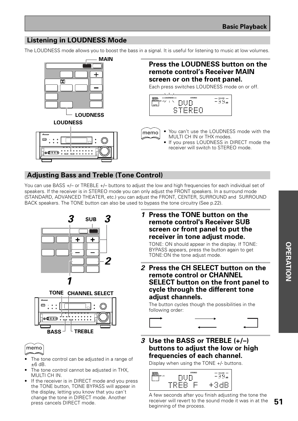 Opera tion, Adjusting bass and treble (tone control), Listening in loudness mode | Basic playback | Pioneer VSX-39TX User Manual | Page 51 / 92