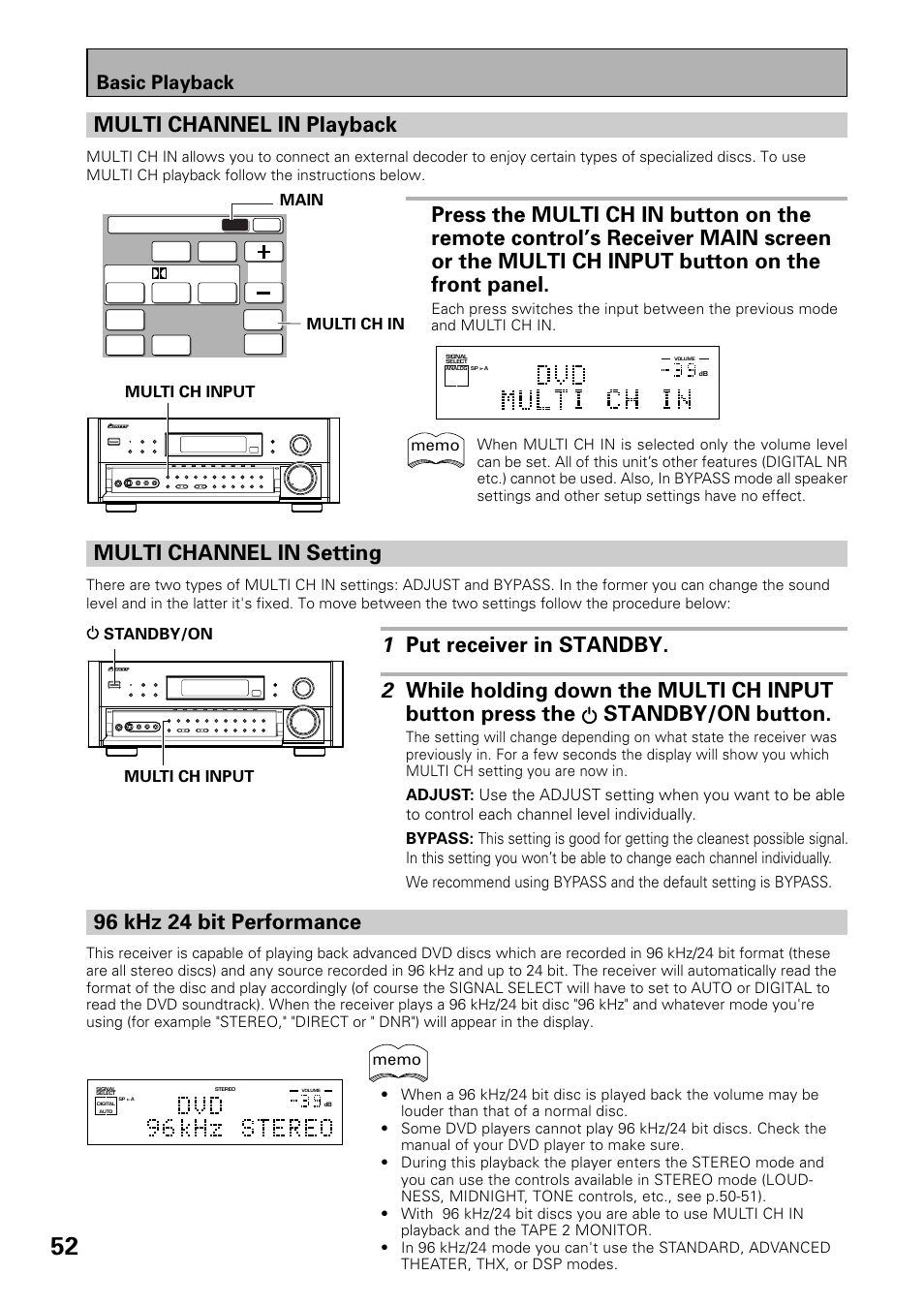 Multi channel in playback, Multi channel in setting, 96 khz 24 bit performance | Basic playback | Pioneer VSX-39TX User Manual | Page 52 / 92