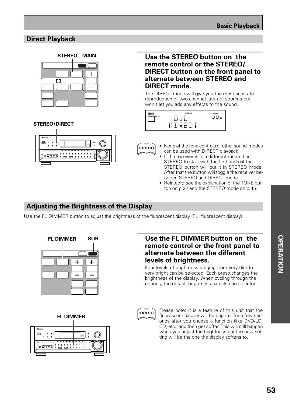 Opera tion adjusting the brightness of the display, Basic playback, Stereo stereo/direct fl dimmer | Fl dimmer main sub | Pioneer VSX-39TX User Manual | Page 53 / 92