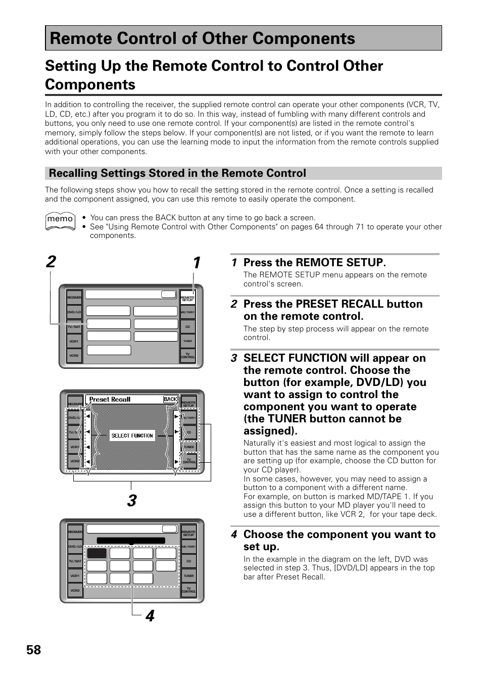 Remote control of other components, Recalling settings stored in the remote control, 1 press the remote setup | 4 choose the component you want to set up | Pioneer VSX-39TX User Manual | Page 58 / 92