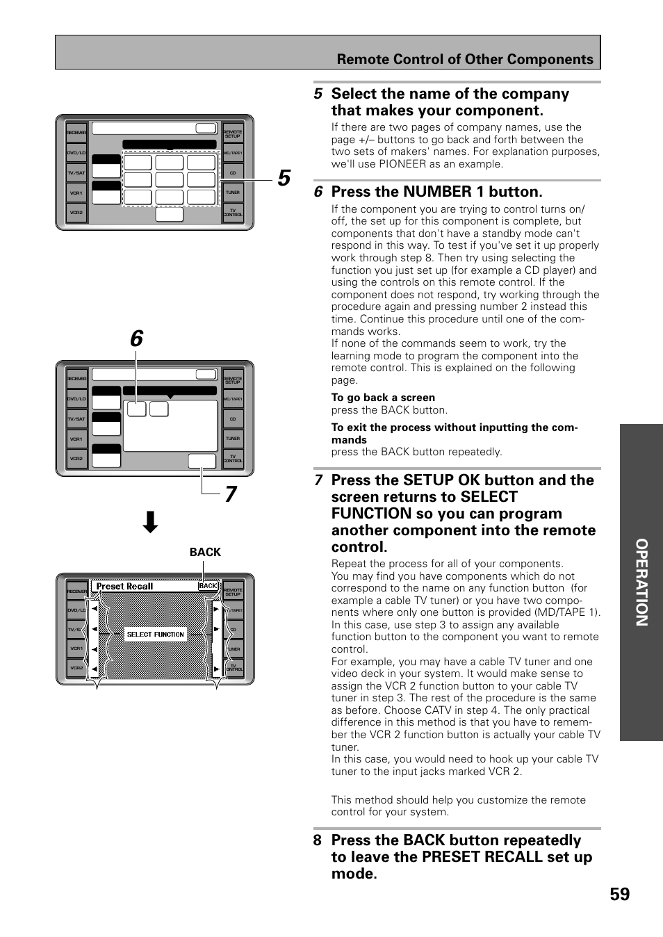 6 press the number 1 button, Remote control of other components, Back | Pioneer VSX-39TX User Manual | Page 59 / 92
