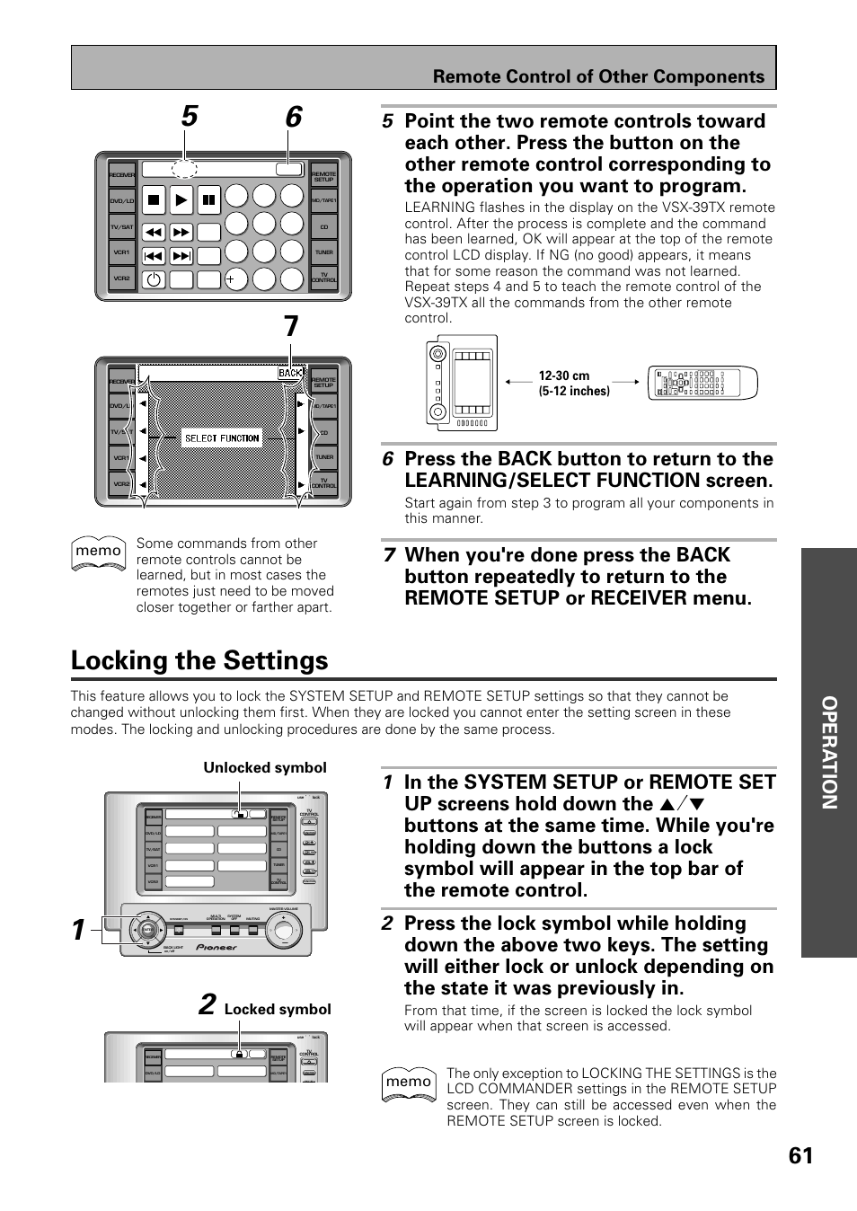 Locking the settings, Opera tion, Remote control of other components | Unlocked symbol, Locked symbol, 0c 10, Learning | Pioneer VSX-39TX User Manual | Page 61 / 92