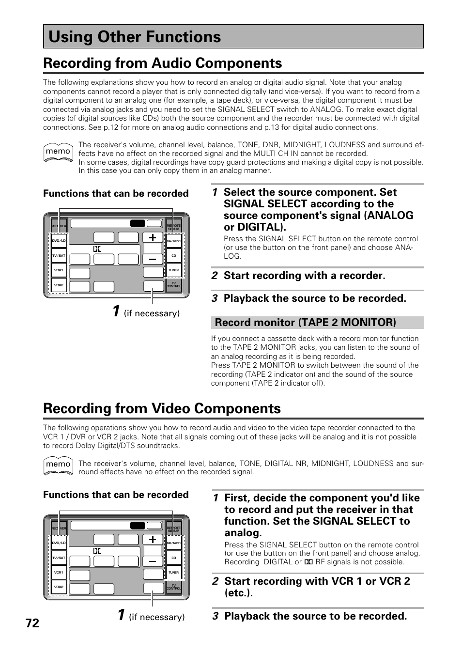 Using other functions, Recording from audio components, Recording from video components | Functions that can be recorded, If necessary) | Pioneer VSX-39TX User Manual | Page 72 / 92