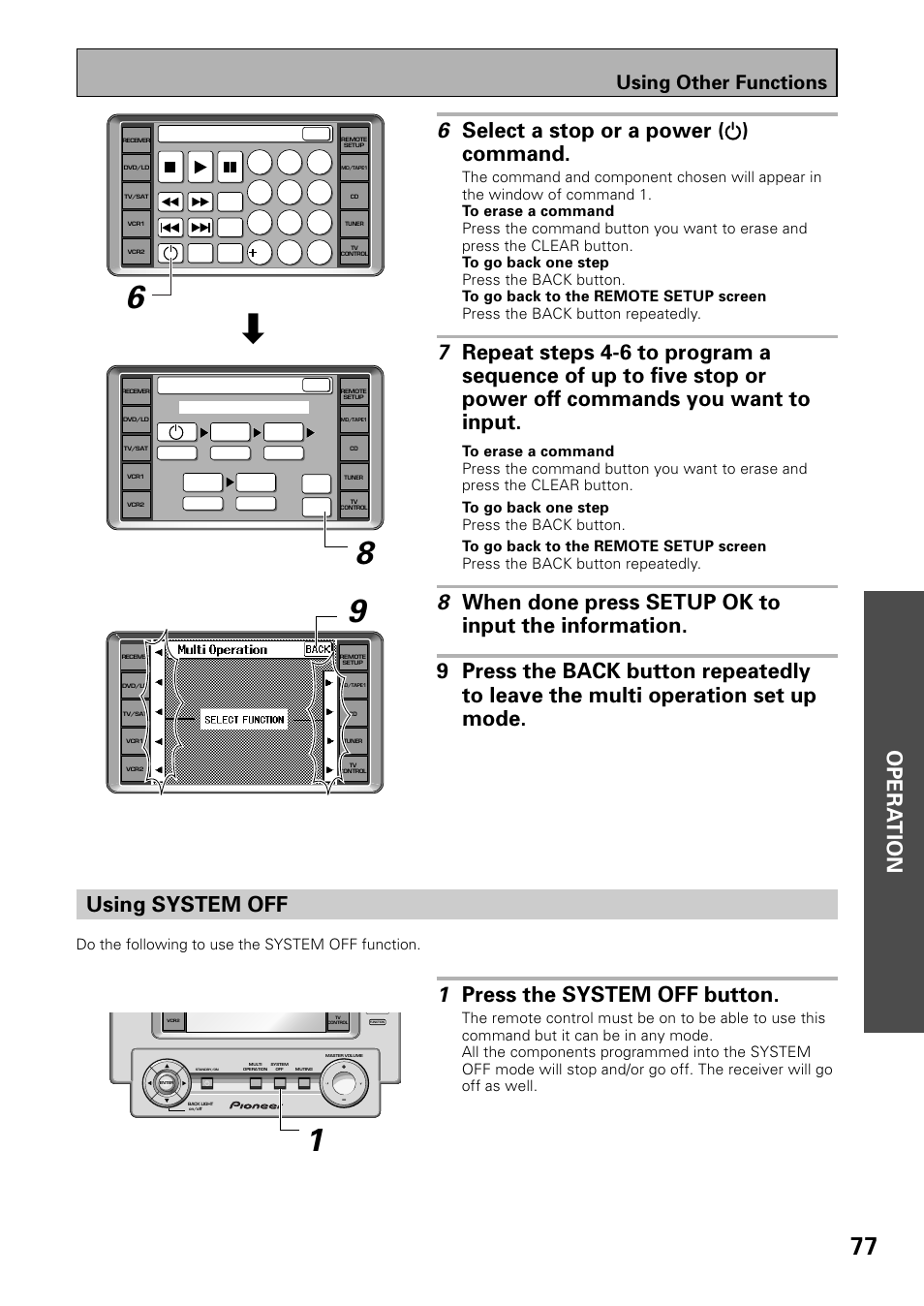 Using system off, Opera tion 6 select a stop or a power ( ) command, 1 press the system off button | Using other functions, Do the following to use the system off function | Pioneer VSX-39TX User Manual | Page 77 / 92