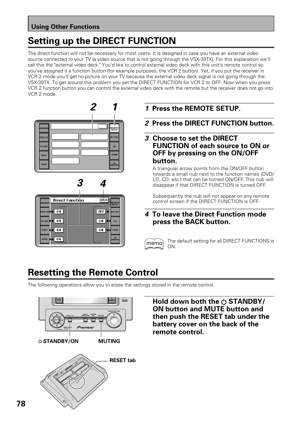Setting up the direct function, Resetting the remote control, Using other functions | Muting standby/on, Reset tab, The default setting for all direct functions is on | Pioneer VSX-39TX User Manual | Page 78 / 92