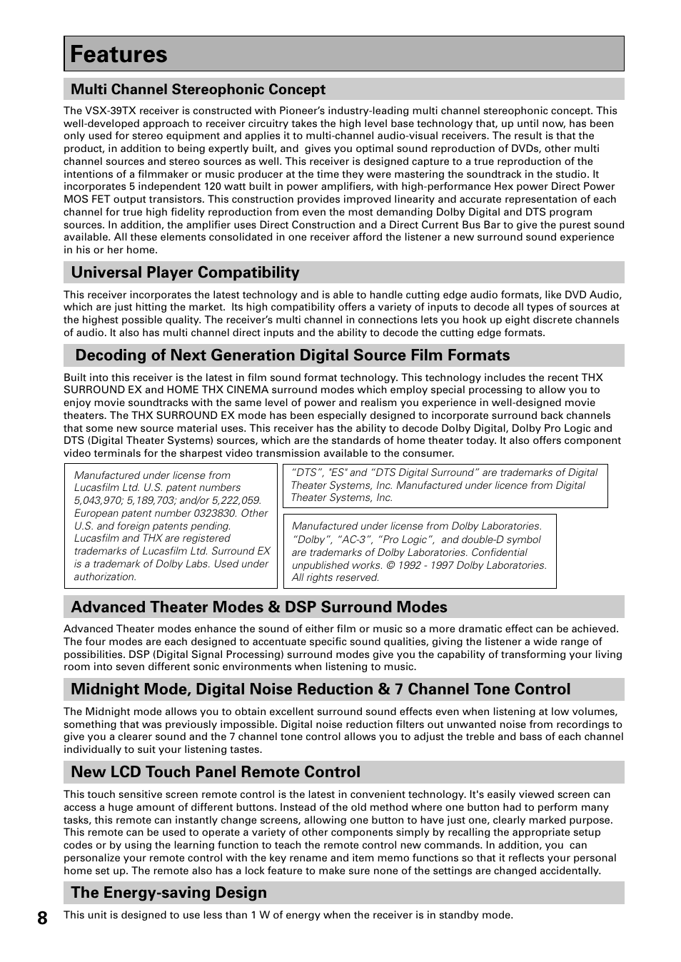 Features | Pioneer VSX-39TX User Manual | Page 8 / 92