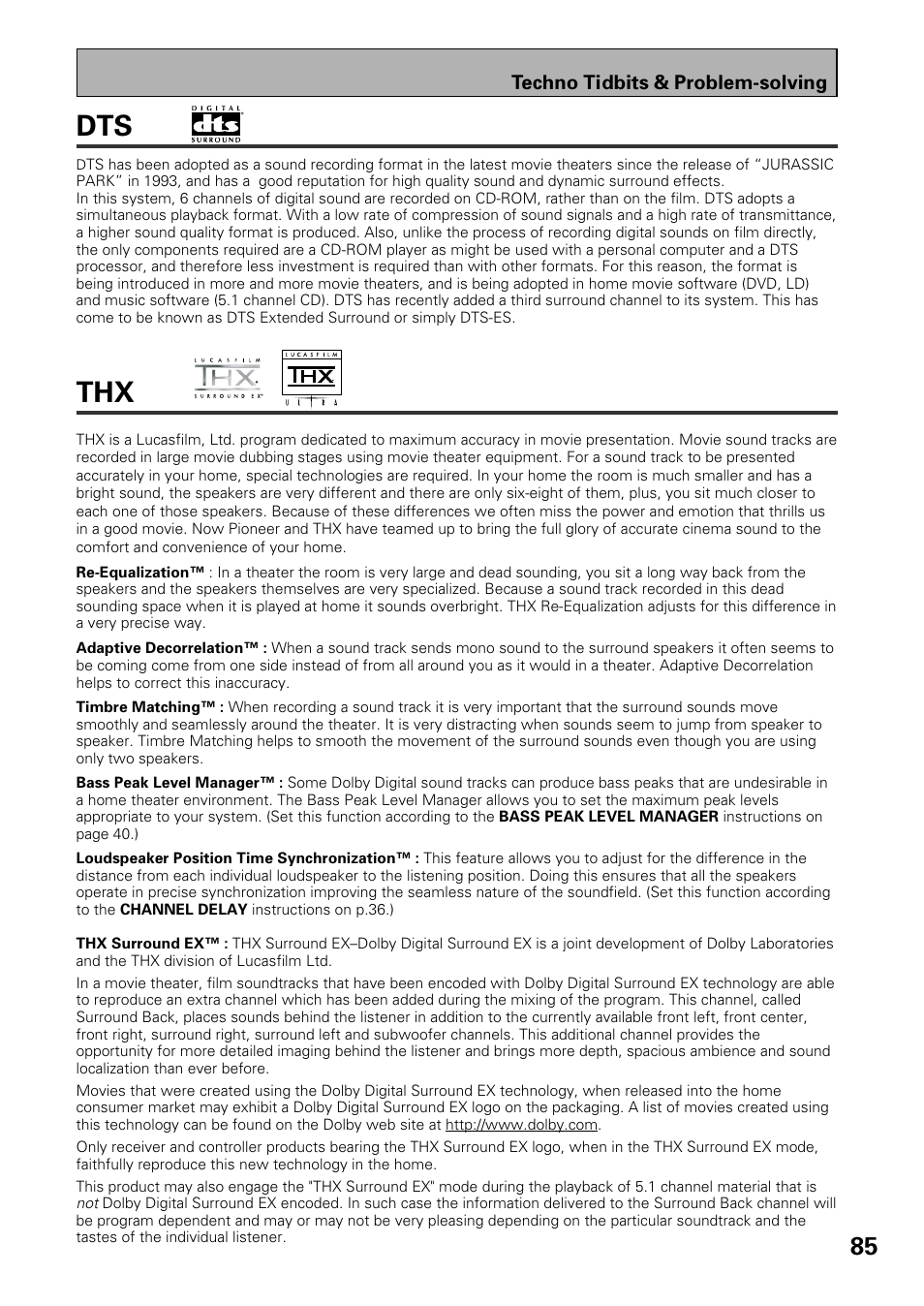 Dts thx, Techno tidbits & problem-solving | Pioneer VSX-39TX User Manual | Page 85 / 92