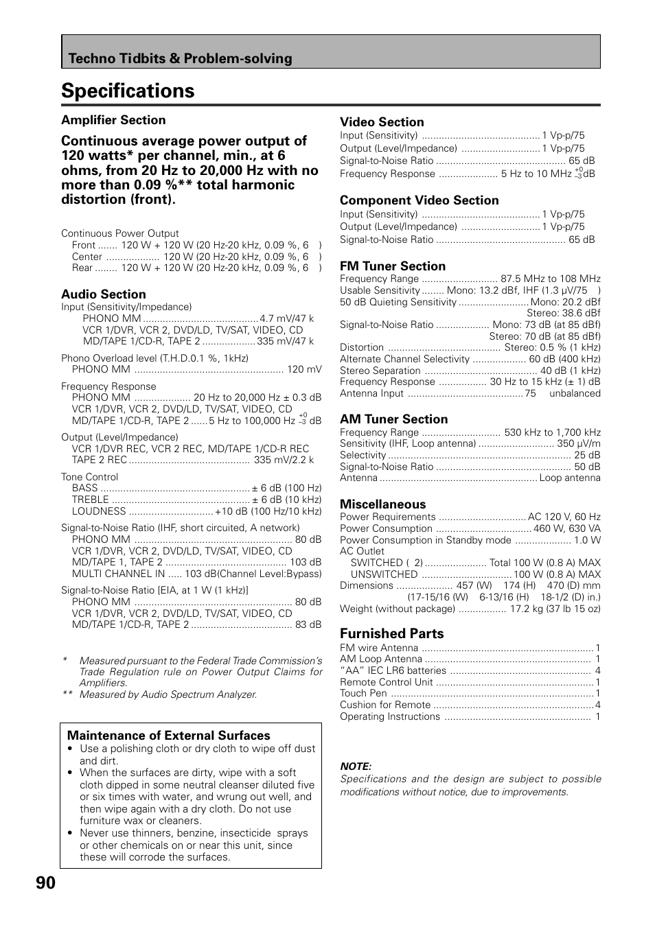Specifications, Furnished parts, Techno tidbits & problem-solving | Pioneer VSX-39TX User Manual | Page 90 / 92