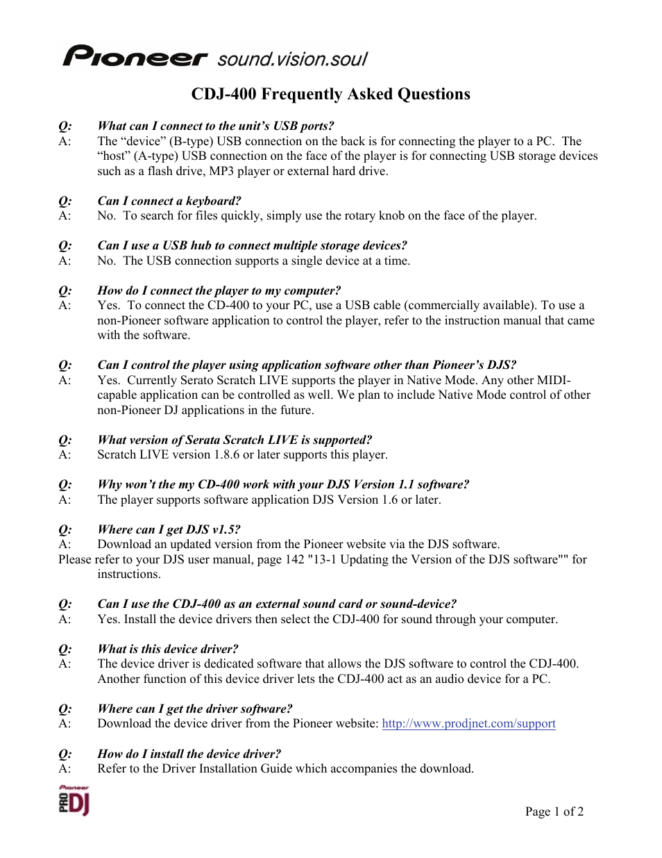 Pioneer CDJ-400 User Manual | 2 pages