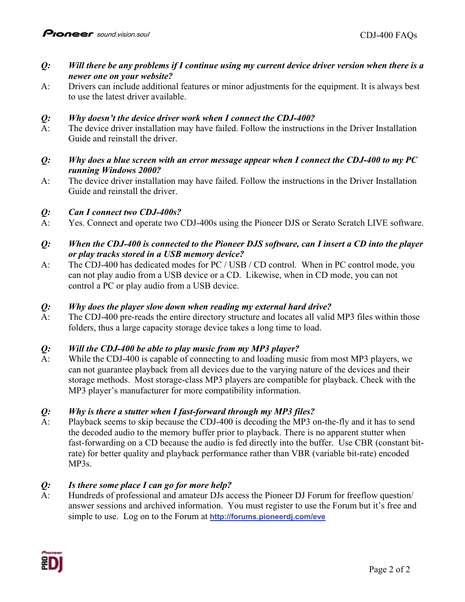 Pioneer CDJ-400 User Manual | Page 2 / 2