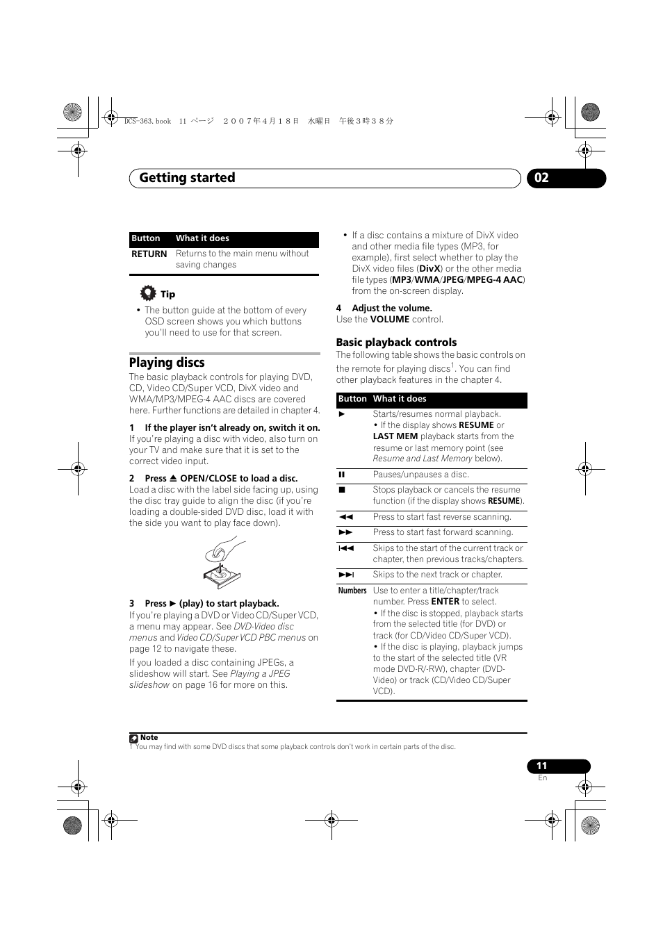 Playing discs, Basic playback controls, Getting started 02 | Pioneer DCS-370 User Manual | Page 11 / 48