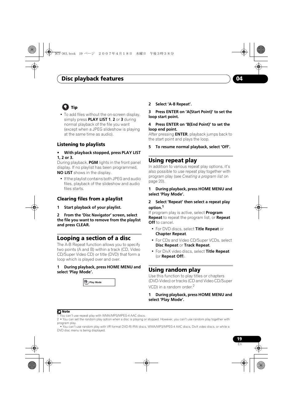 Listening to playlists, Clearing files from a playlist, Looping a section of a disc | Using repeat play, Using random play, Disc playback features 04 | Pioneer DCS-370 User Manual | Page 19 / 48