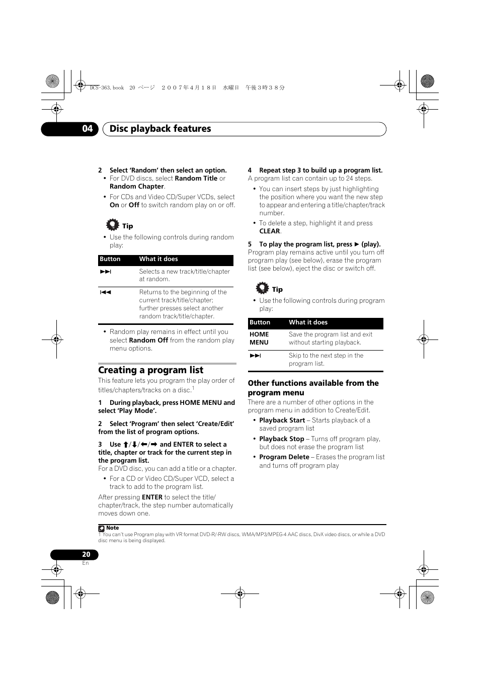 Creating a program list, Other functions available from the program menu, Disc playback features 04 | Pioneer DCS-370 User Manual | Page 20 / 48