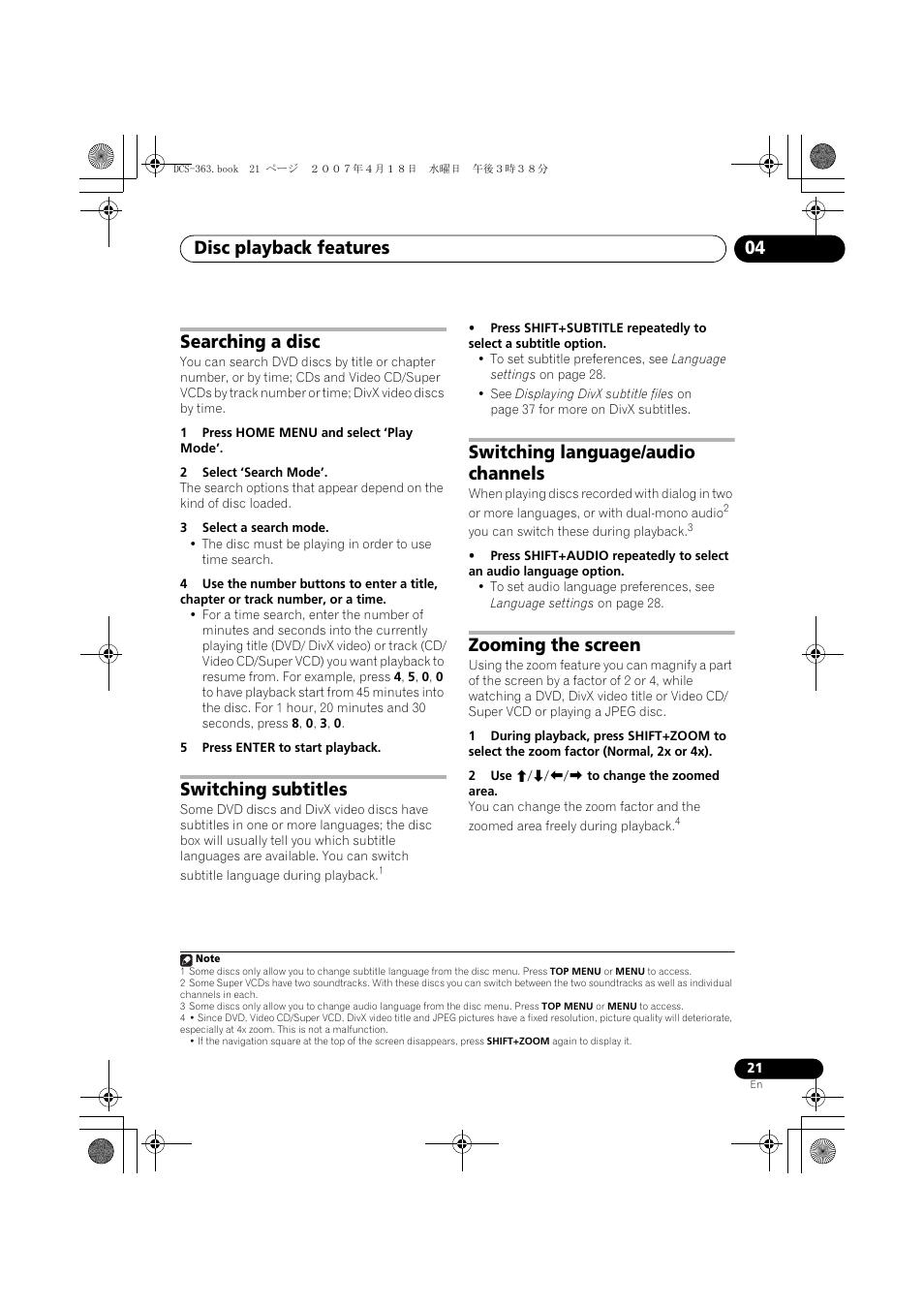 Searching a disc, Switching subtitles, Switching language/audio channels | Zooming the screen, Disc playback features 04 | Pioneer DCS-370 User Manual | Page 21 / 48