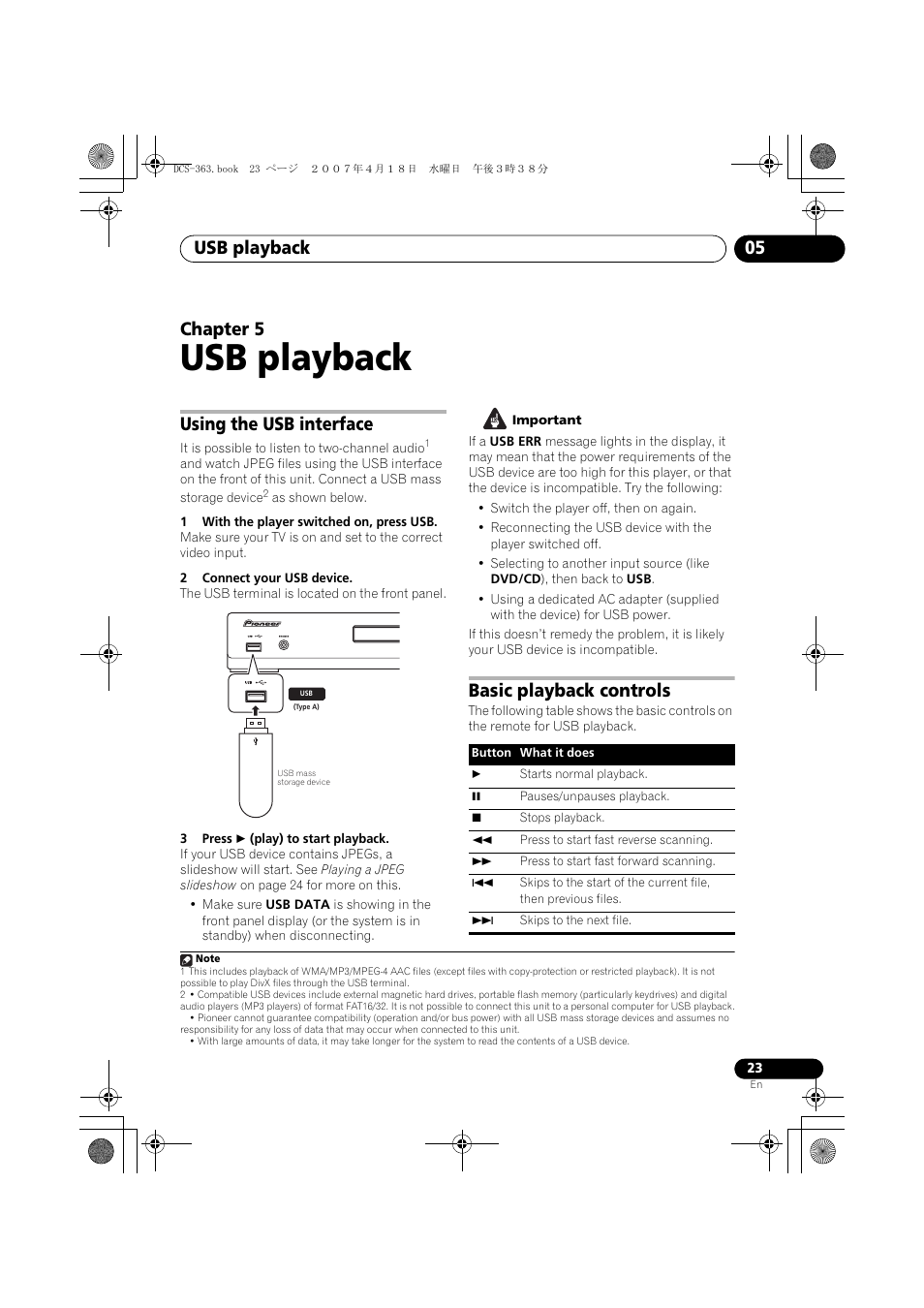 05 usb playback, Using the usb interface, Basic playback controls | Usb playback, Usb playback 05, Chapter 5 | Pioneer DCS-370 User Manual | Page 23 / 48