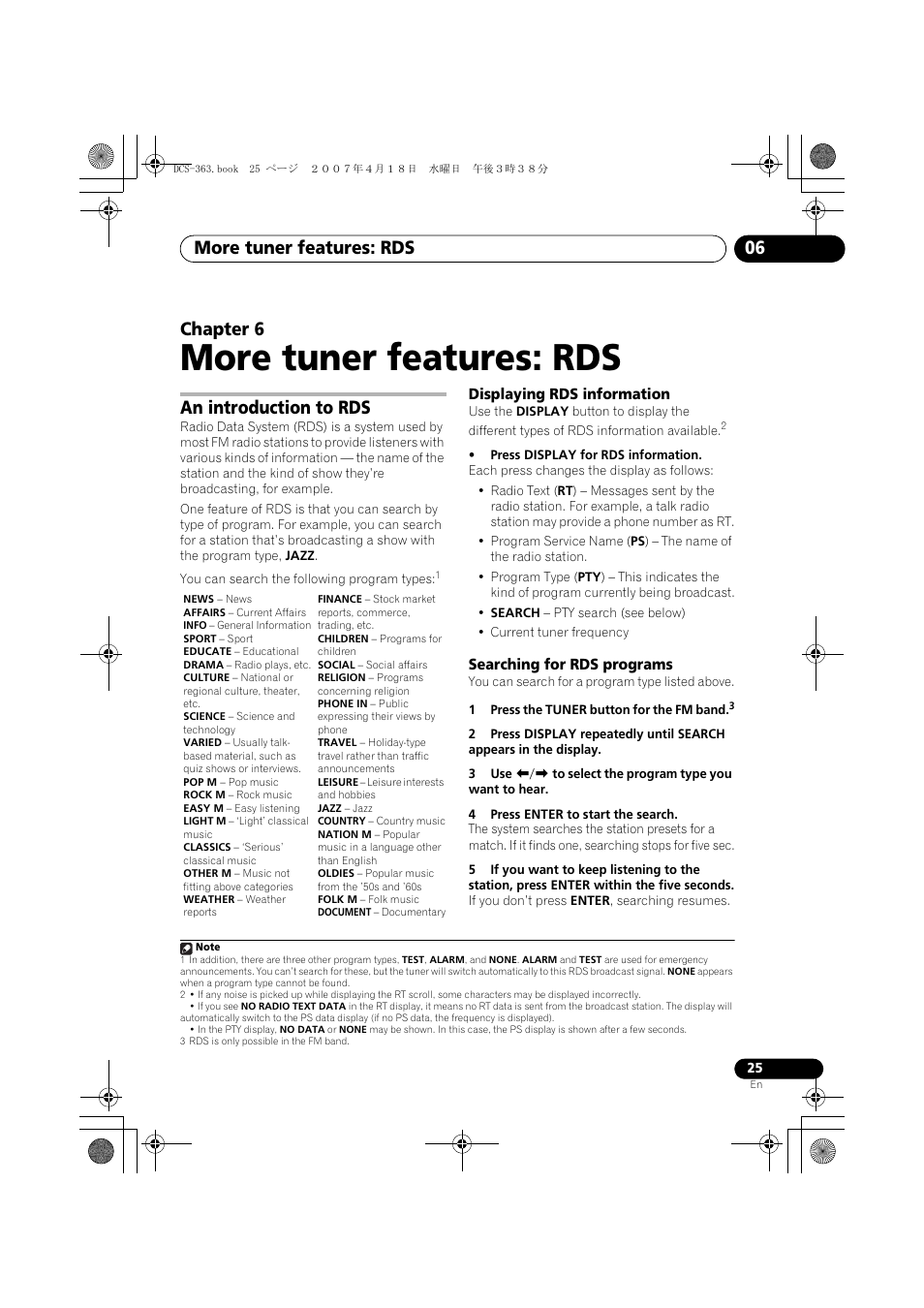 06 more tuner features: rds, An introduction to rds, Displaying rds information | Searching for rds programs, More tuner features: rds, More tuner features: rds 06, Chapter 6 | Pioneer DCS-370 User Manual | Page 25 / 48