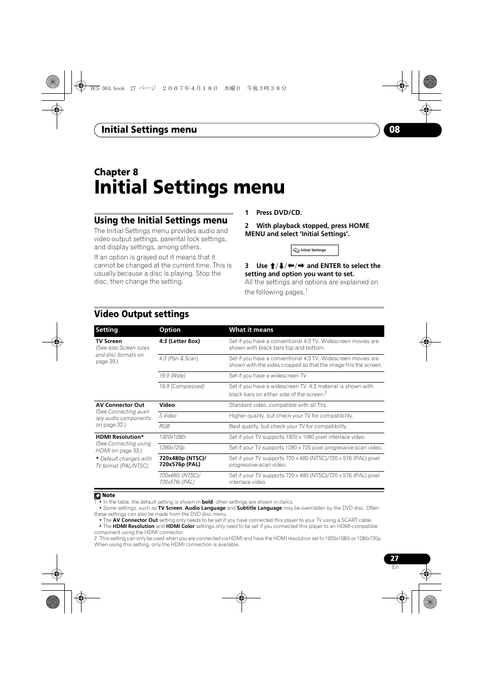 08 initial settings menu, Using the initial settings menu, Video output settings | Initial settings menu, Initial settings menu 08, Chapter 8 | Pioneer DCS-370 User Manual | Page 27 / 48