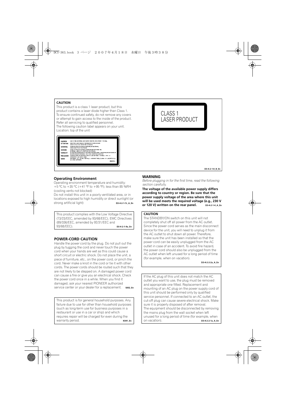 Class 1 laser product | Pioneer DCS-370 User Manual | Page 3 / 48