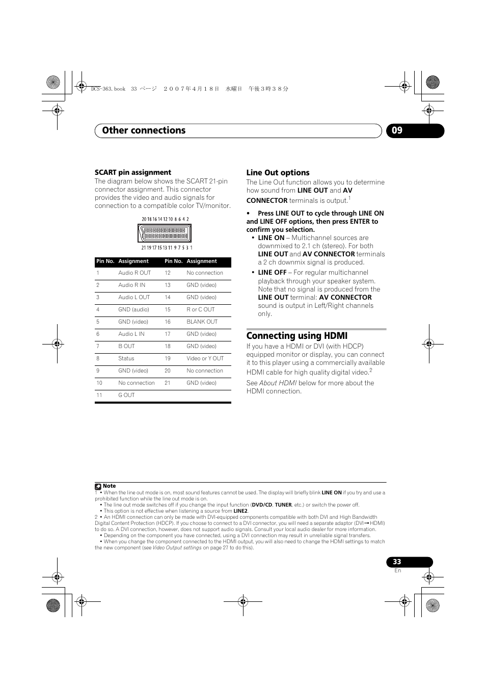 Line out options, Connecting using hdmi, Other connections 09 | Pioneer DCS-370 User Manual | Page 33 / 48